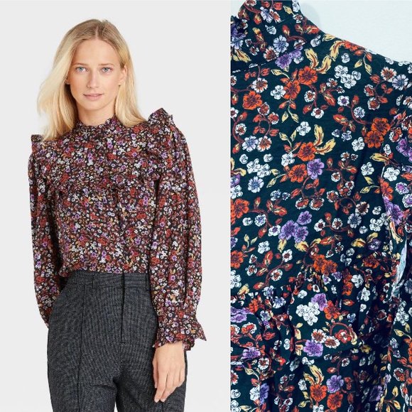 Who What Wear Womens Top Medium Blouse Floral Long Sleeve Button Down Ruffle New - Picture 1 of 13